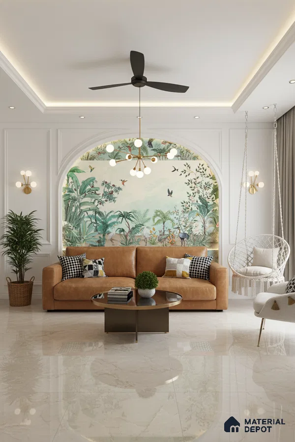 Modern living room with tropical wallpaper accent, tan leather sofa, and glossy marble floor tiles in Bengaluru