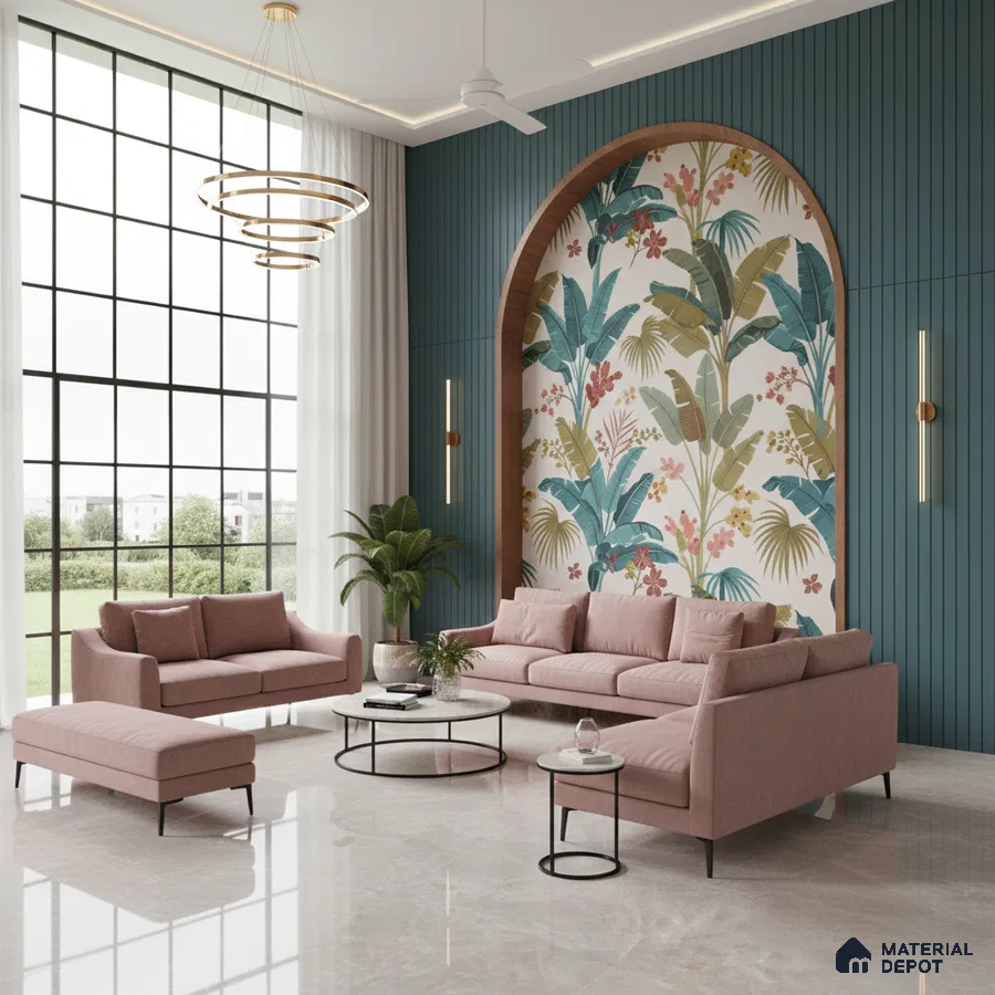 Modern living room with tropical wallpaper accent, teal fluted wall panels, and blush pink sofa in Bengaluru