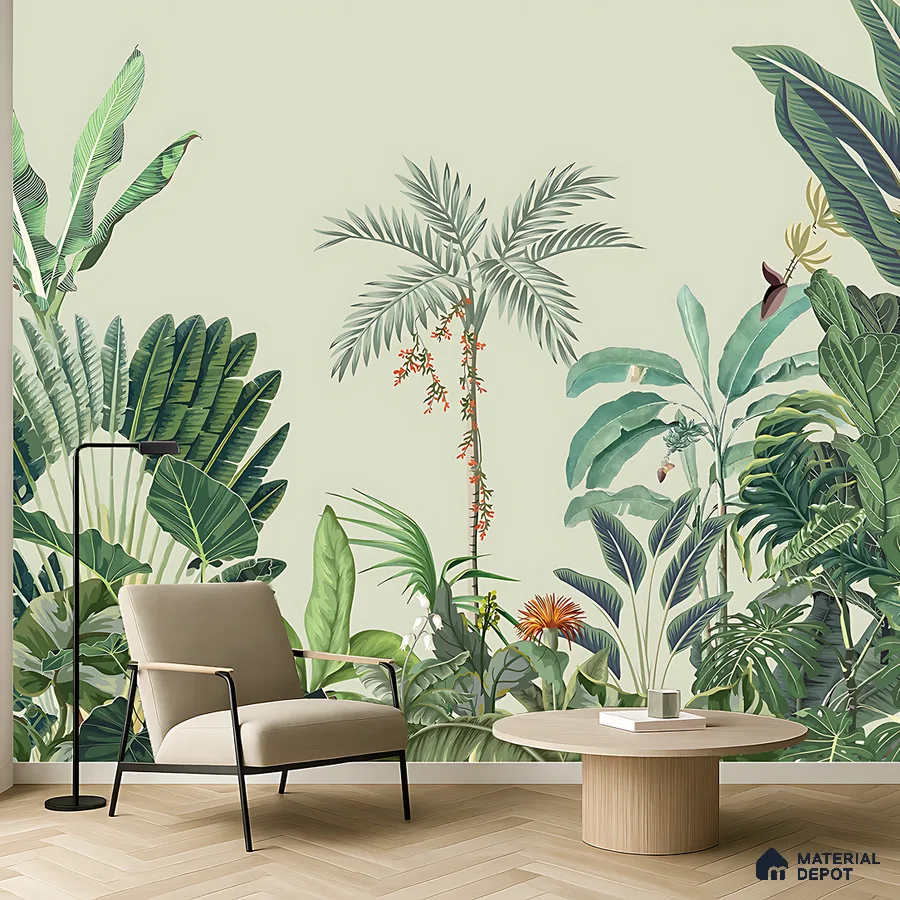 Modern living room with tropical wallpaper and light wood herringbone flooring in Bengaluru
