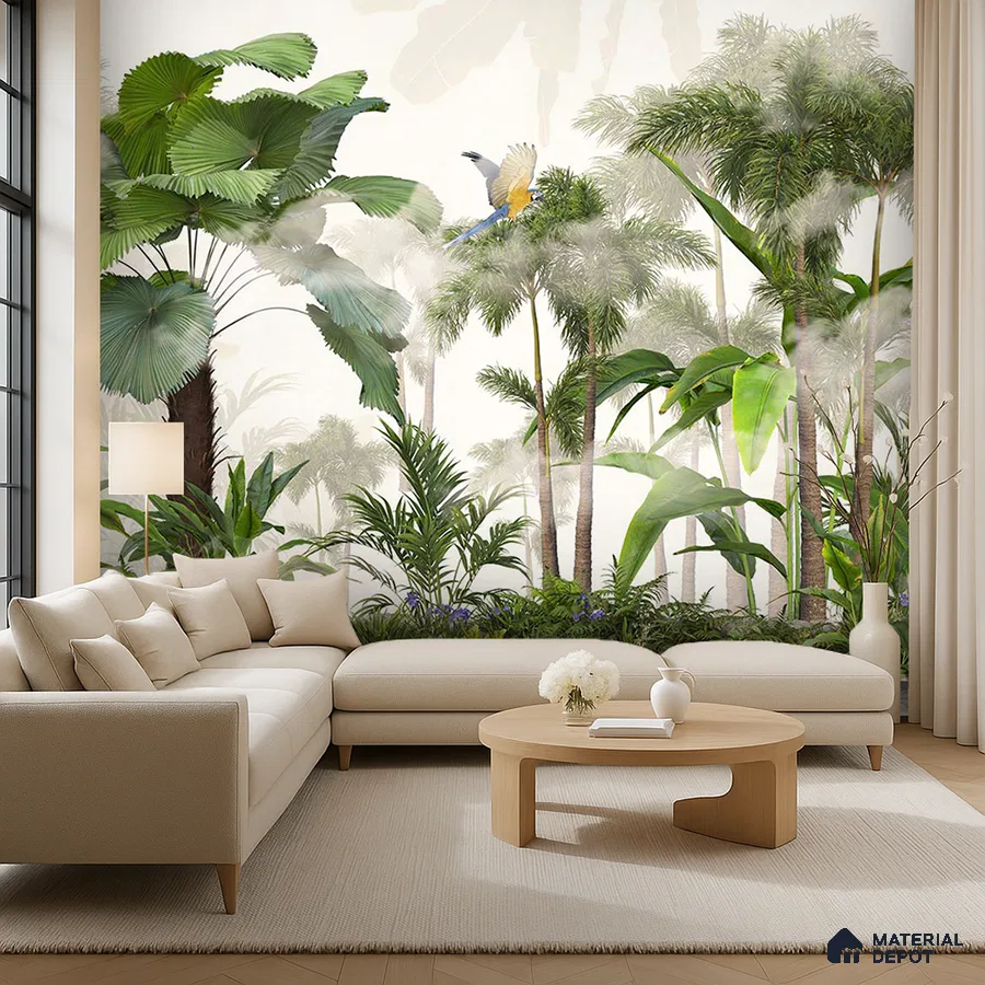 Modern living room with tropical wallpaper, beige fabric sofa, and light wood coffee table in Bengaluru