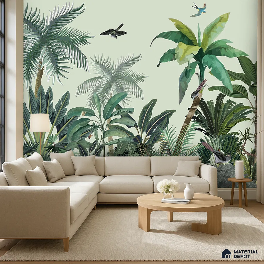 Modern living room with tropical wallpaper, beige fabric sofa, and light wood coffee table in Bengaluru