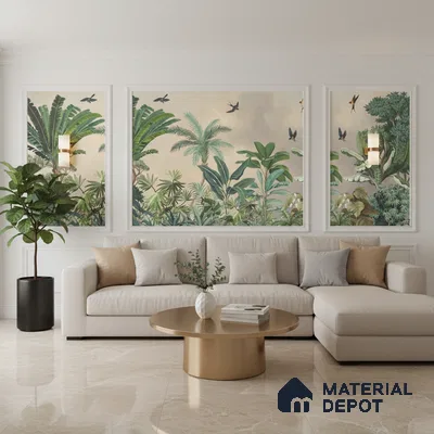 Modern living room with tropical wallpaper, beige marble floor tiles, and neutral sectional sofa in Bengaluru