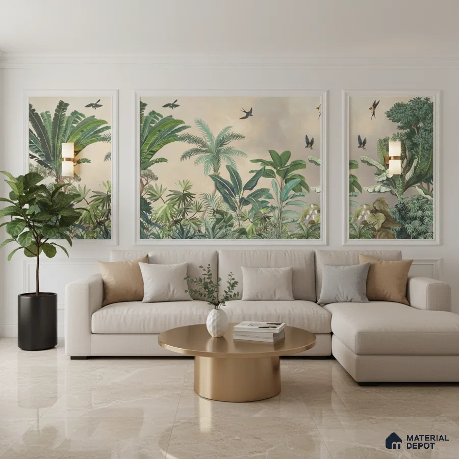 Modern living room with tropical wallpaper, beige marble floor tiles, and neutral sectional sofa in Bengaluru