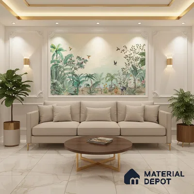 Modern living room with tropical wallpaper, beige sofa, and white marble floor tiles in Bengaluru