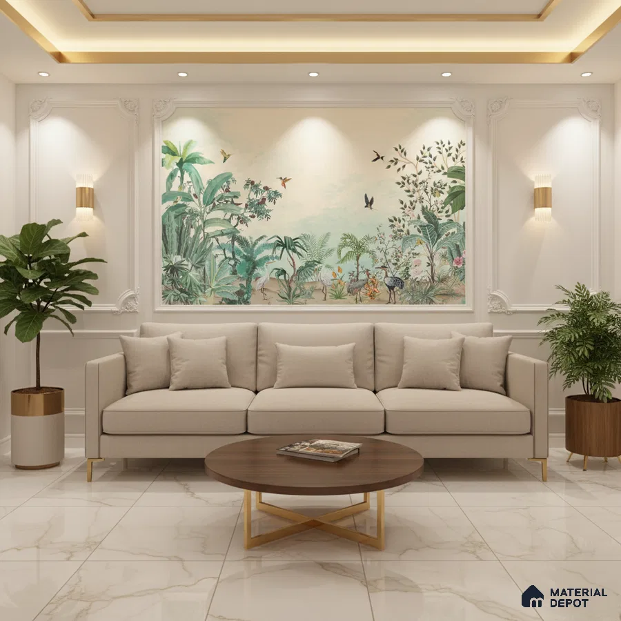 Modern living room with tropical wallpaper, beige sofa, and white marble floor tiles in Bengaluru