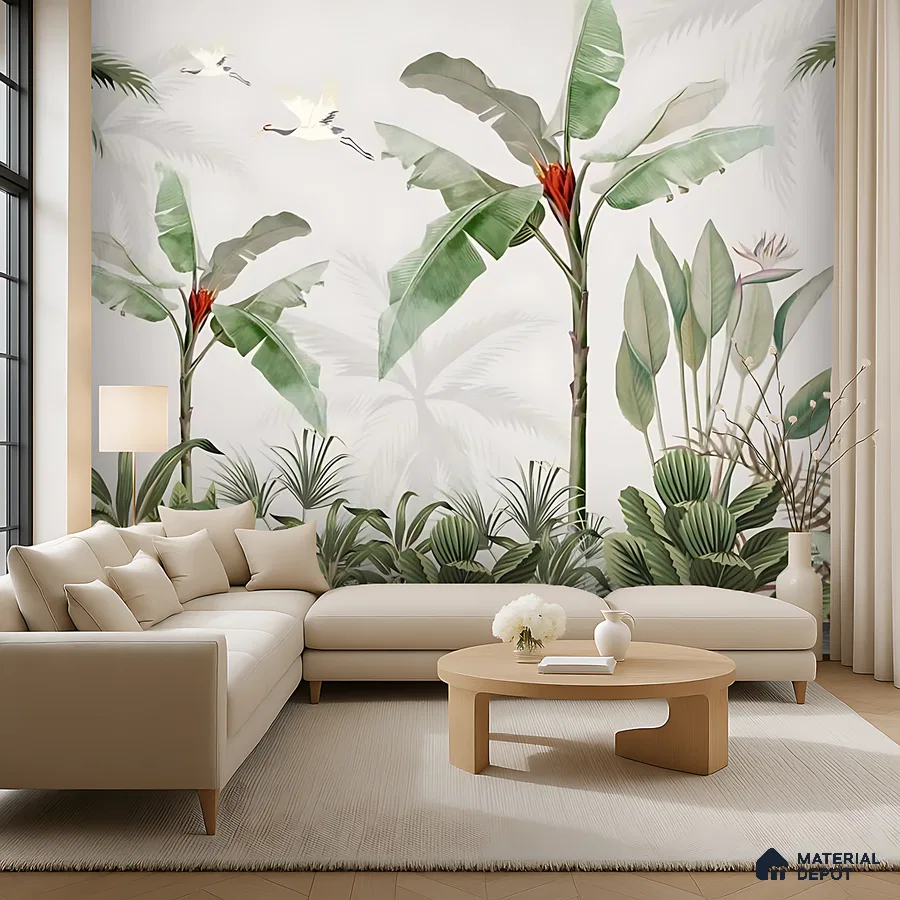Modern living room with tropical wallpaper, beige upholstery, and light wood accents in Bengaluru