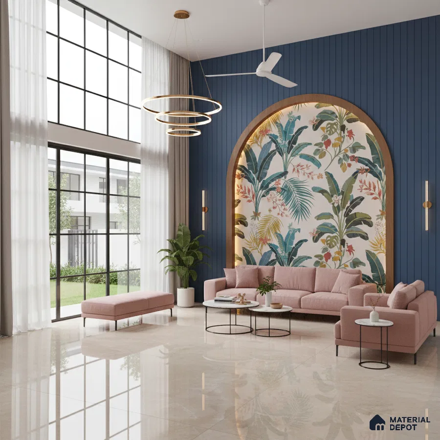 Modern living room with tropical wallpaper, blue fluted wall panels, and beige marble floor tiles in Bengaluru