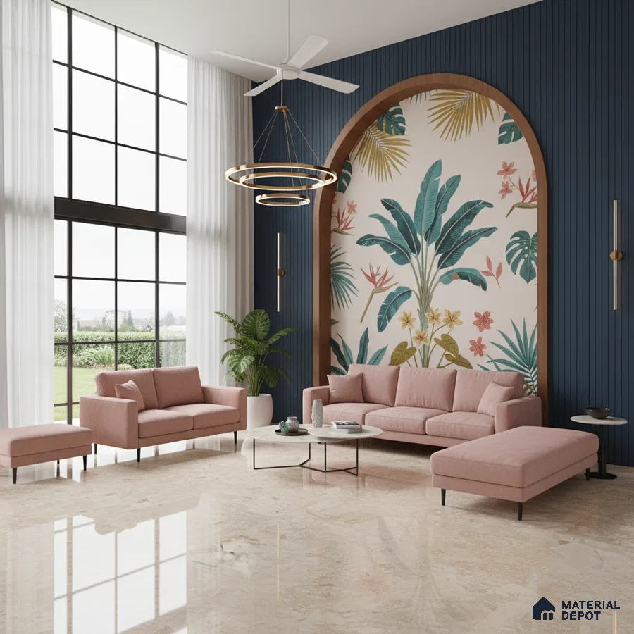 Modern living room with tropical wallpaper, blue fluted wall panels, and beige marble flooring in Bengaluru