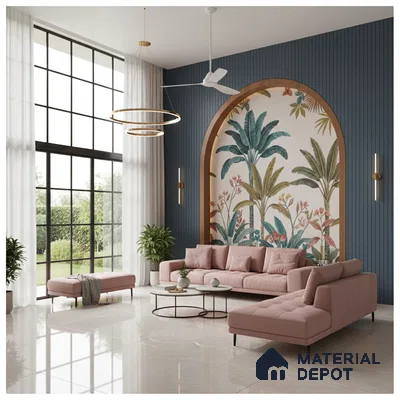 Modern living room with tropical wallpaper, blue fluted wall panels, and blush pink sofa in Bengaluru
