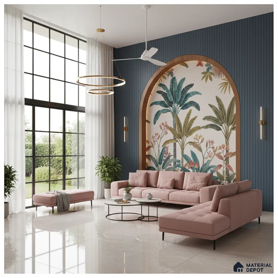 Modern living room with tropical wallpaper, blue fluted wall panels, and blush pink sofa in Bengaluru