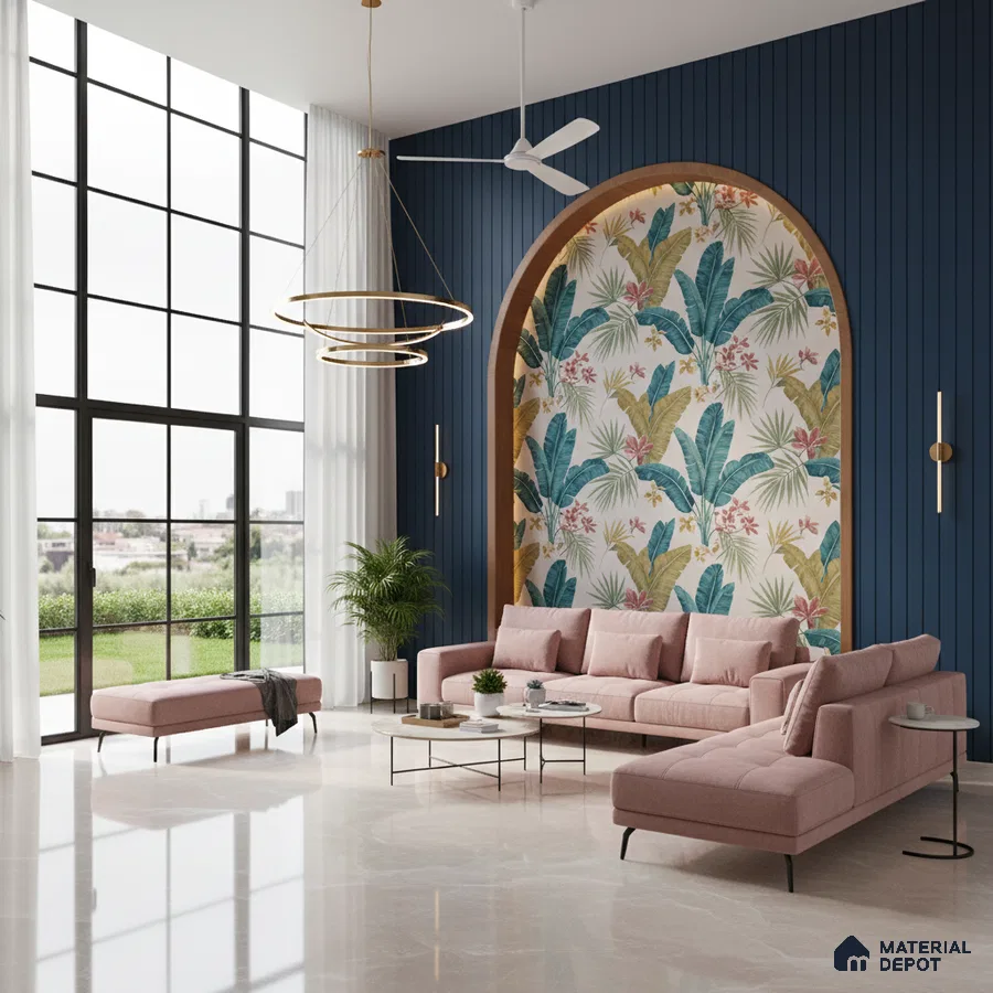 Modern living room with tropical wallpaper, blue fluted wall panels, and blush pink sofa in Bengaluru