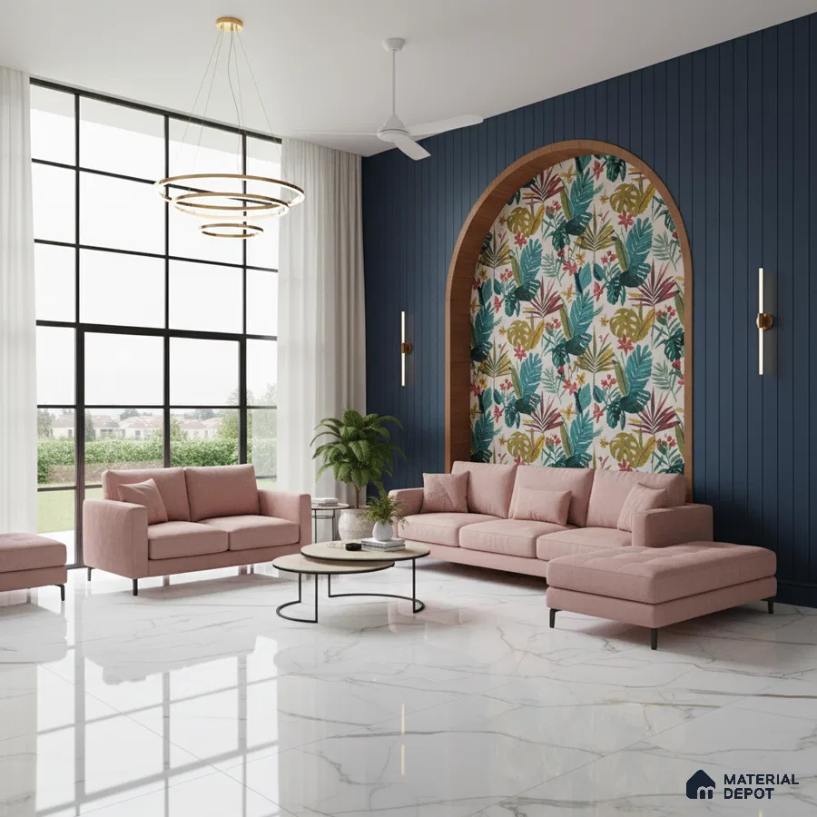 Modern living room with tropical wallpaper, blue fluted wall panels, and white marble floor tiles in Bengaluru