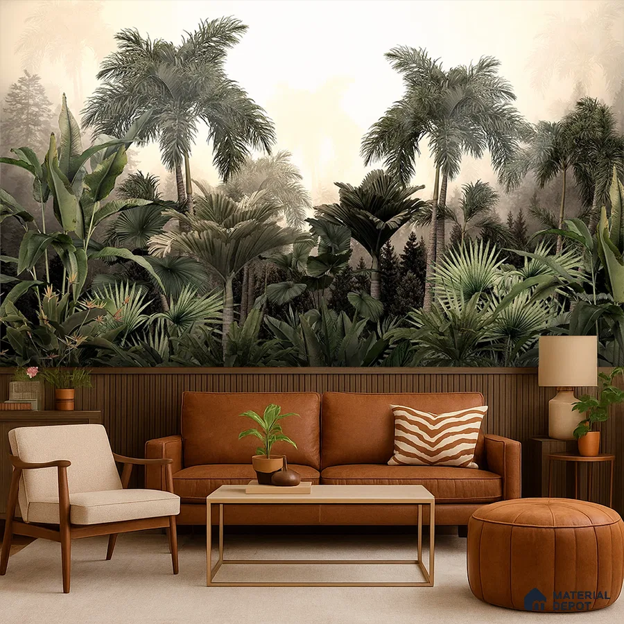 Modern living room with tropical wallpaper, brown leather sofa, and wooden fluted wall panels in Bengaluru