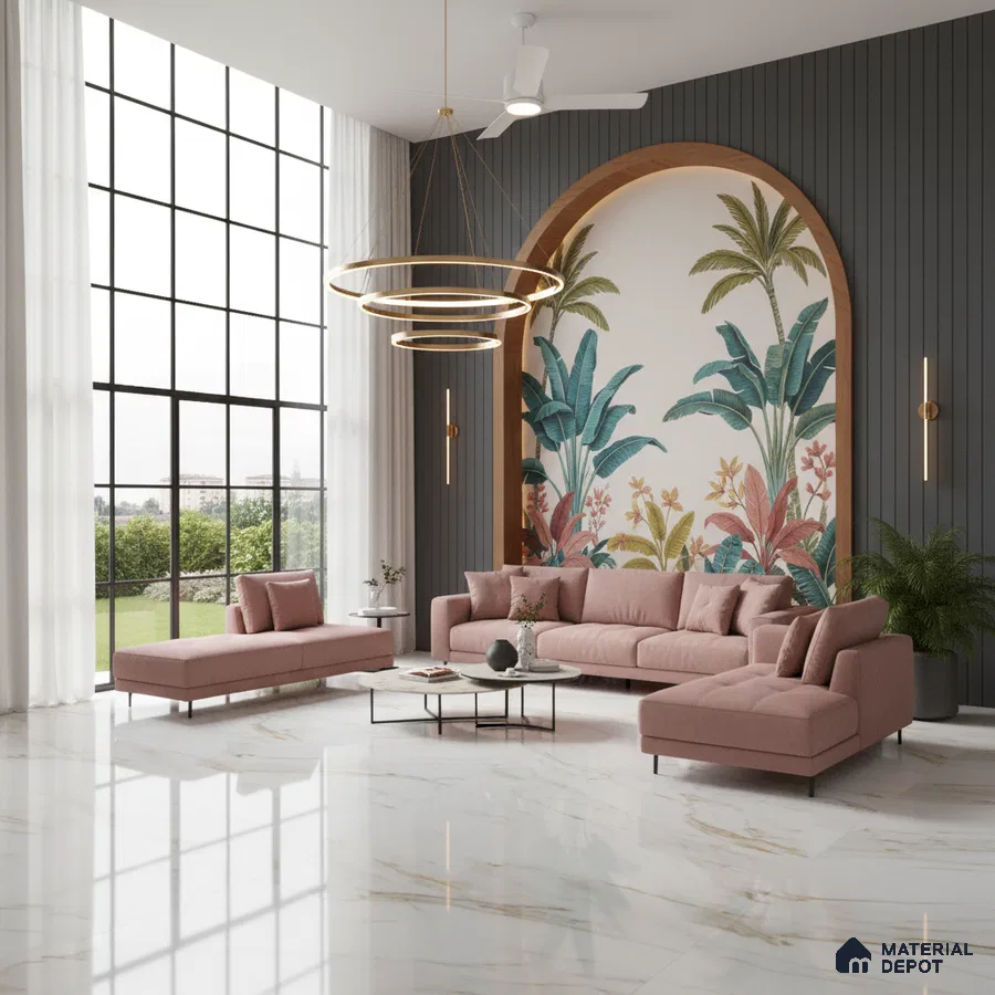 Modern living room with tropical wallpaper, grey fluted wall panels, and white marble floor tiles in Bengaluru