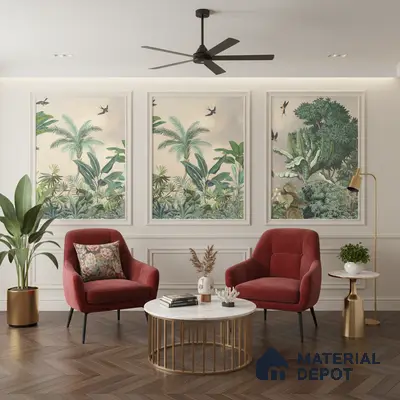 Modern living room with tropical wallpaper, herringbone wooden flooring, and velvet accent chairs in Bengaluru