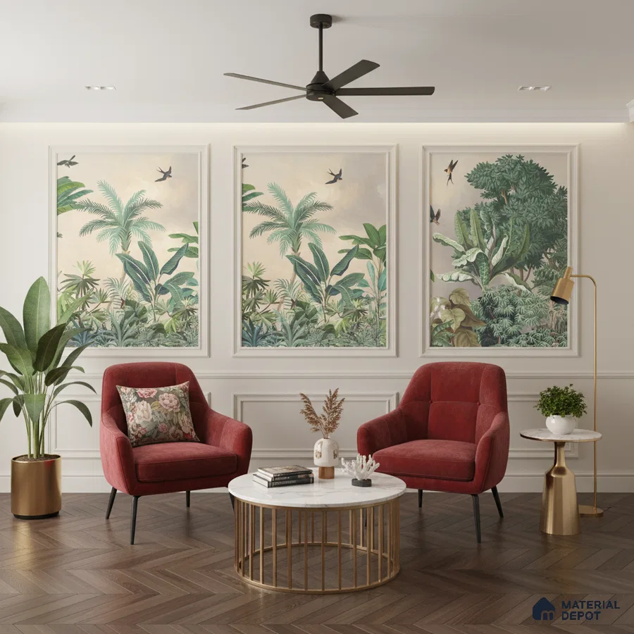 Modern living room with tropical wallpaper, herringbone wooden flooring, and velvet accent chairs in Bengaluru