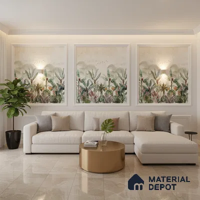 Modern living room with tropical wallpaper panels and beige marble floor tiles in Bengaluru
