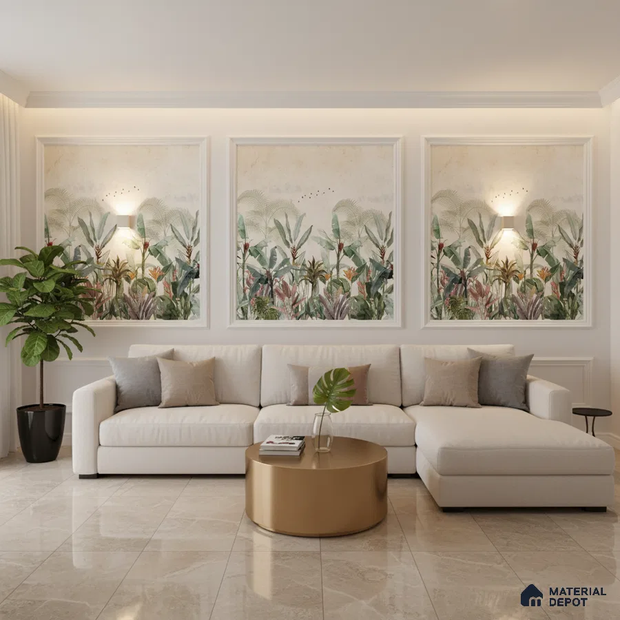Modern living room with tropical wallpaper panels and beige marble floor tiles in Bengaluru