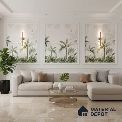 Modern living room with tropical wallpaper panels and beige marble floor tiles in Bengaluru