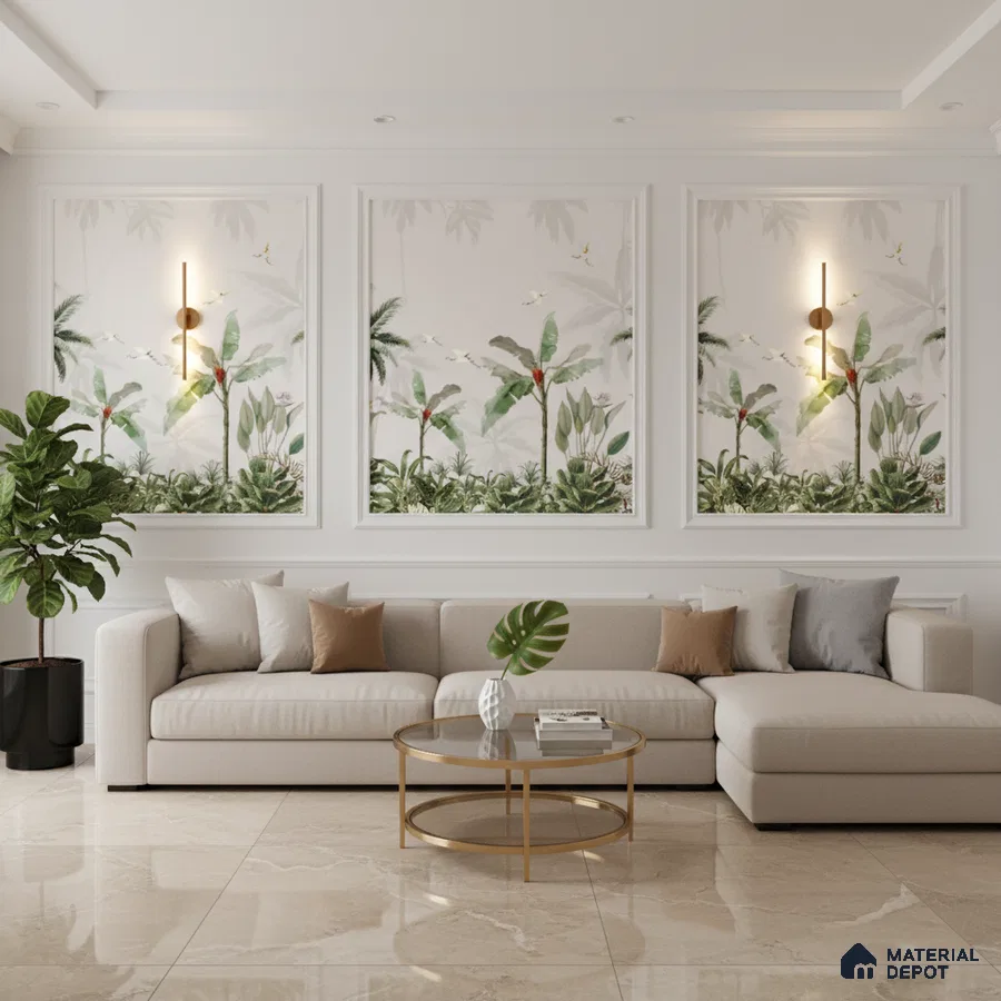 Modern living room with tropical wallpaper panels and beige marble floor tiles in Bengaluru