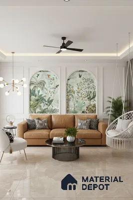 Modern living room with tropical wallpaper panels and beige marble floor tiles in Bengaluru