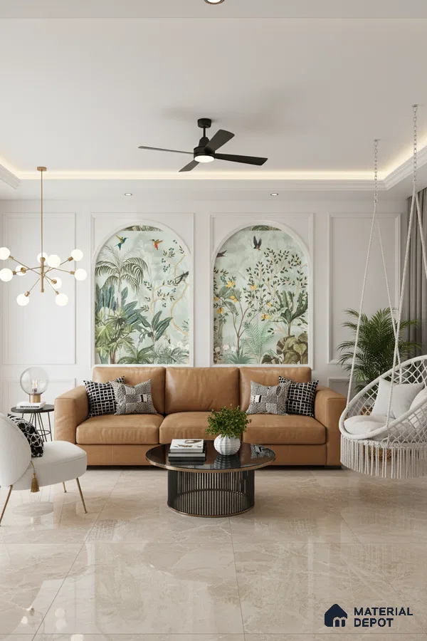 Modern living room with tropical wallpaper panels and beige marble floor tiles in Bengaluru