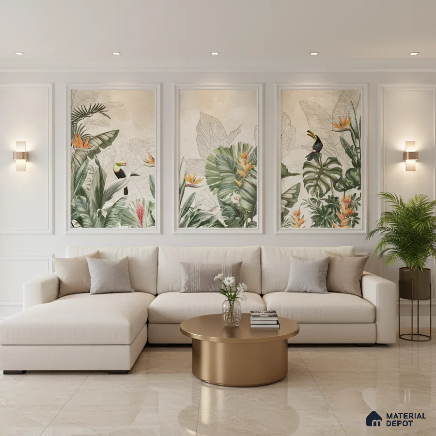 Modern living room with tropical wallpaper panels and beige marble floor tiles in Bengaluru
