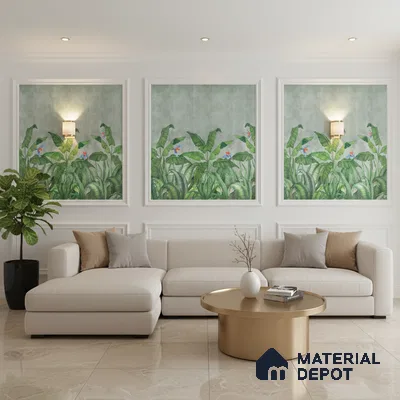 Modern living room with tropical wallpaper panels and beige marble floor tiles in Bengaluru