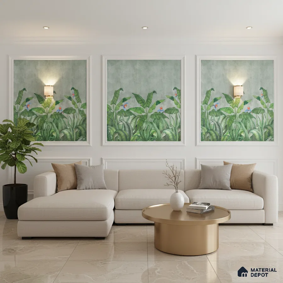 Modern living room with tropical wallpaper panels and beige marble floor tiles in Bengaluru
