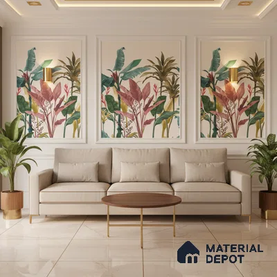 Modern living room with tropical wallpaper panels and beige marble floor tiles in Bengaluru