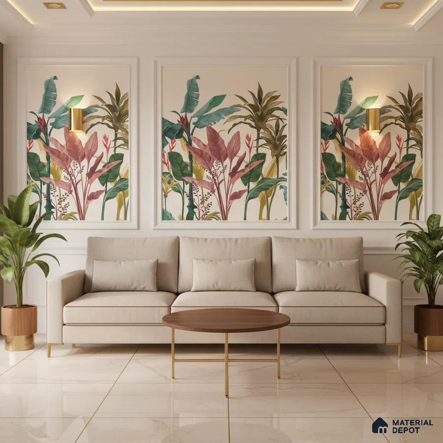 Modern living room with tropical wallpaper panels and beige marble floor tiles in Bengaluru