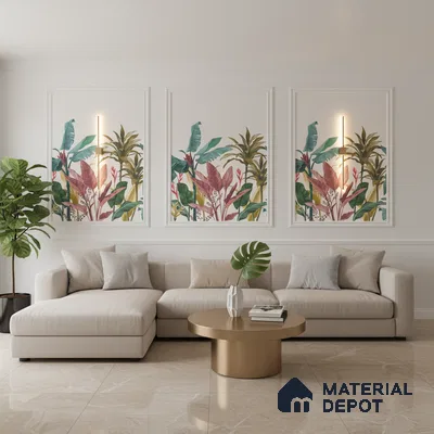 Modern living room with tropical wallpaper panels and beige marble floor tiles in Bengaluru