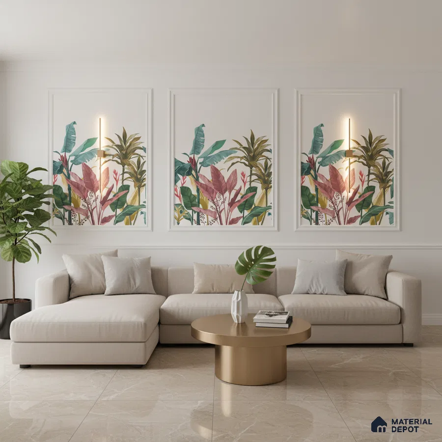 Modern living room with tropical wallpaper panels and beige marble floor tiles in Bengaluru