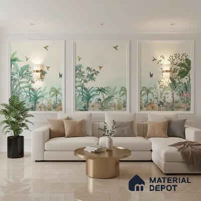 Modern living room with tropical wallpaper panels and beige marble floor tiles in Bengaluru