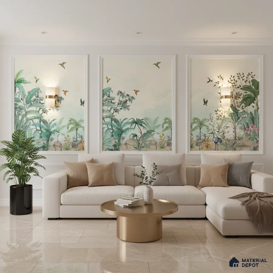 Modern living room with tropical wallpaper panels and beige marble floor tiles in Bengaluru