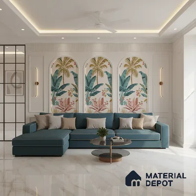 Modern living room with tropical wallpaper panels and white marble floor tiles in Bengaluru