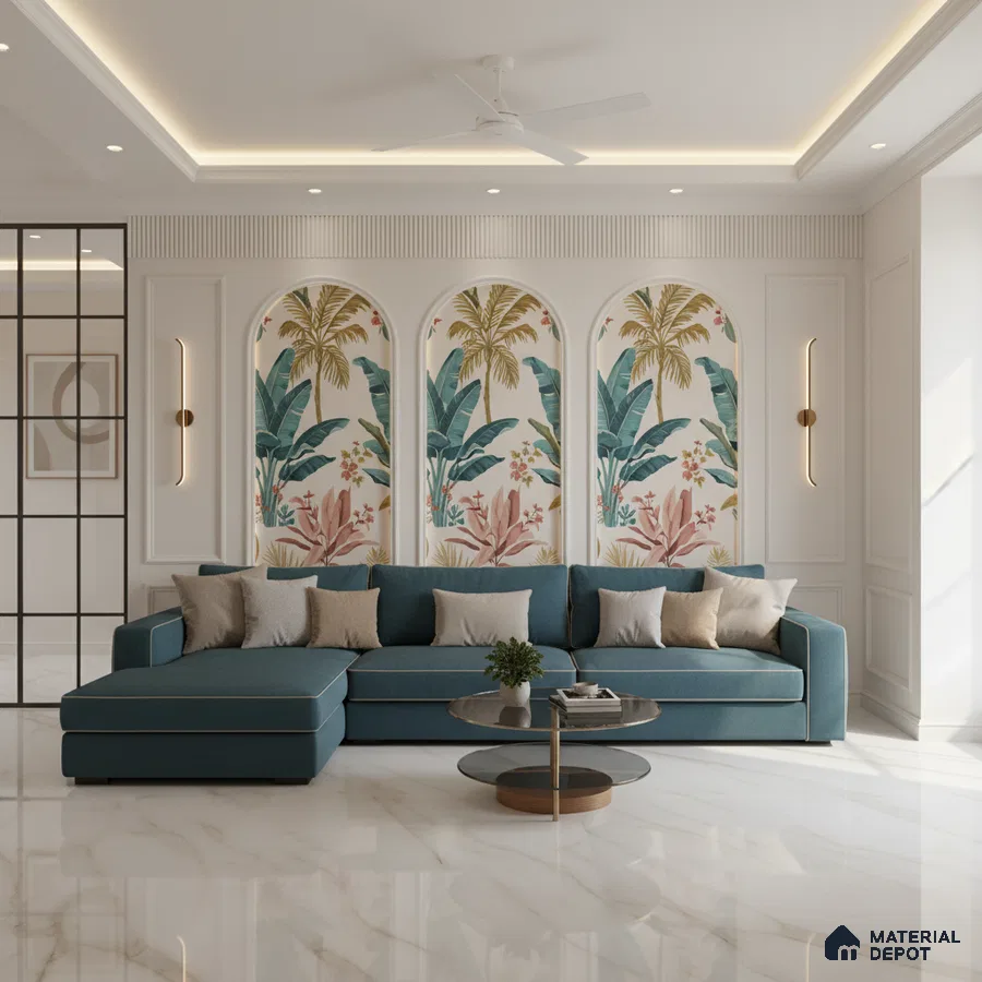 Modern living room with tropical wallpaper panels and white marble floor tiles in Bengaluru