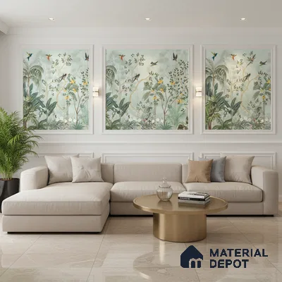 Modern living room with tropical wallpaper panels, beige sectional sofa, and polished marble floor tiles in Bengaluru