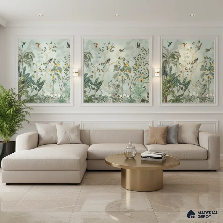 Modern living room with tropical wallpaper panels, beige sectional sofa, and polished marble floor tiles in Bengaluru