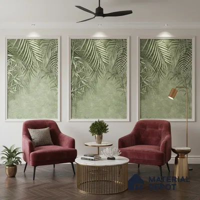 Modern living room with tropical wallpaper panels, velvet accent chairs, and marble top coffee table in Bengaluru