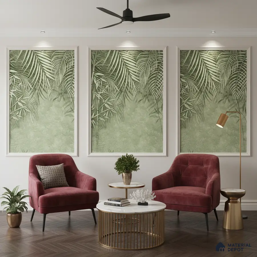 Modern living room with tropical wallpaper panels, velvet accent chairs, and marble top coffee table in Bengaluru