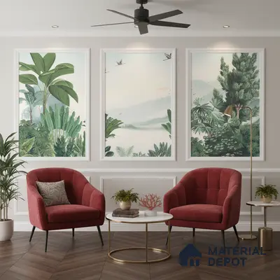 Modern living room with tropical wallpaper panels, velvet red accent chairs, and herringbone wood flooring in Bengaluru