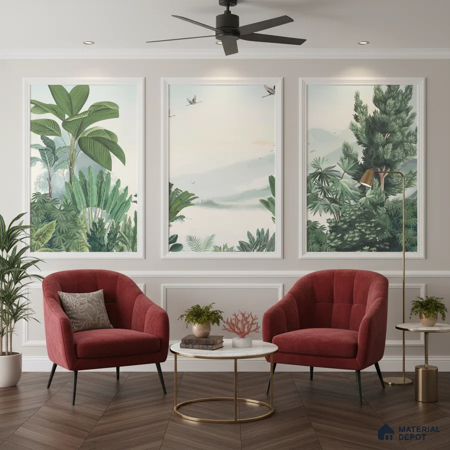 Modern living room with tropical wallpaper panels, velvet red accent chairs, and herringbone wood flooring in Bengaluru