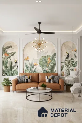 Modern living room with tropical wallpaper, tan leather sofa, and glossy marble floor tiles in Bengaluru