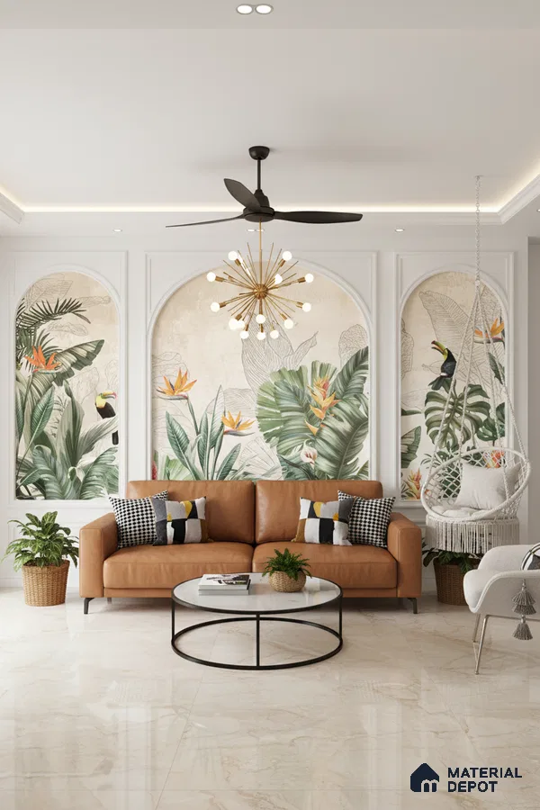 Modern living room with tropical wallpaper, tan leather sofa, and glossy marble floor tiles in Bengaluru