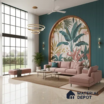 Modern living room with tropical wallpaper, teal fluted wall panels, and blush pink sofa in Bengaluru