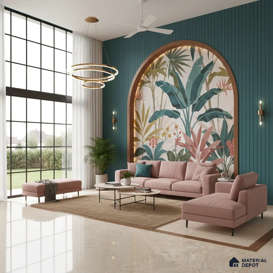 Modern living room with tropical wallpaper, teal fluted wall panels, and blush pink sofa in Bengaluru