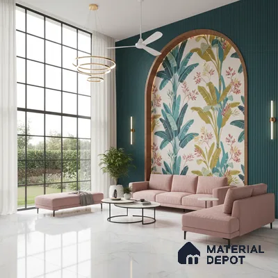 Modern living room with tropical wallpaper, teal fluted wall panels, and white marble floor tiles in Bengaluru