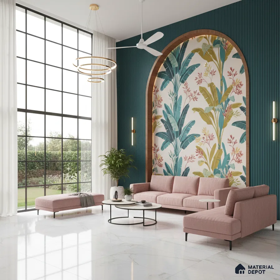 Modern living room with tropical wallpaper, teal fluted wall panels, and white marble floor tiles in Bengaluru