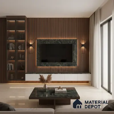 Modern living room with white marble laminate TV unit, walnut brown fluted wall panels, and marble look floor tiles in Bengaluru